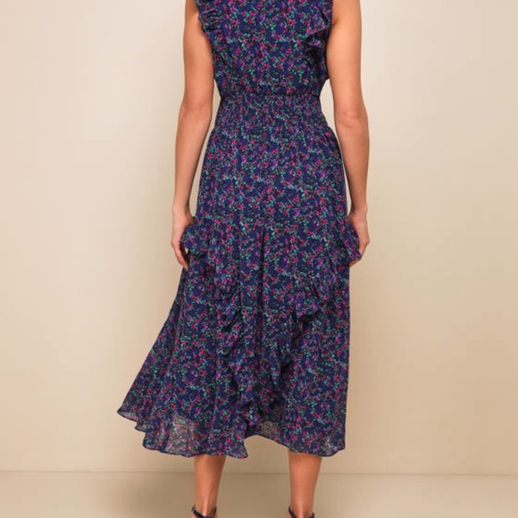 Lulus Evalina Navy Blue Floral Print Mock Neck Midi Dress - Size S - Picture 3 of 4